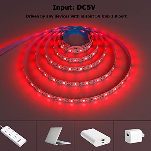 USB Red 620-625nm LED Strip Light 5V USB Powered 13.12ft/4M 240LEDs Flexible SMD2835 High Brightness No-Waterproof IP20 LED Tape Lights(2pcs x 6.6ft) - color: Red