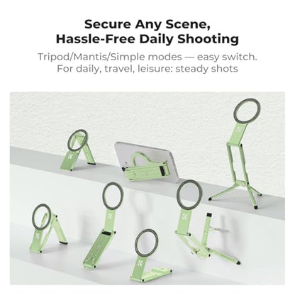 K&F CONCEPT 7mm 59g Magnetic Phone Stand, Foldable Selfie Stick for iPhone, Dual-Sided Magnets Mini Tripod Pocket Cell Phone Stand with Hook, Compatible with iPhone 17-12 Series Android Phones - color: Green