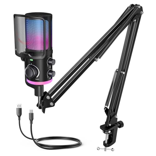 FIFINE USB Streaming Microphone Kit for Gaming, Condenser Mic with RGB, Noise Cancellation, Game/Chat Dial-Plug & Play for PC Twitch/YouTube/Podcast, Includes Boom Arm & Pop Filter-AmpliGame AM6T