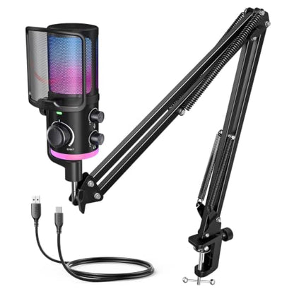 FIFINE USB Streaming Microphone Kit for Gaming, Condenser Mic with RGB, Noise Cancellation, Game/Chat Dial-Plug & Play for PC Twitch/YouTube/Podcast, Includes Boom Arm & Pop Filter-AmpliGame AM6T