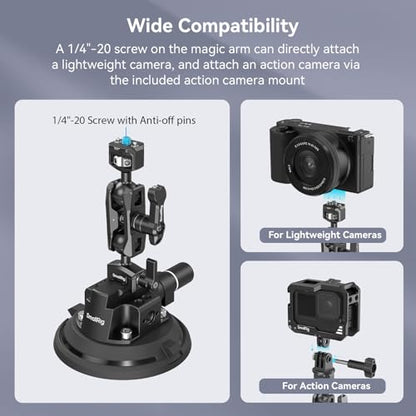 SMALLRIG 4" Camera Suction Mount with Ball Head Magic Arm, Car Mount for Lightweight Camera/Action Camera/Phone, Air Pump Vacuum Suction Cup, Max Load 3kg/6.6 Pound - 4236