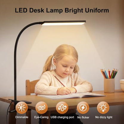 Vansuny Clip on Light LED Desk Lamp with Eye-Caring LED Light and Metal Clip, 6 Level Brightness 3 Color Modes, Power by USB Port 5W Adjustable Neck Reading Lamp for Home and Office (5W, Black) - color: Black