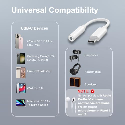 Duyasurs 2 Pack USB C to 3.5mm Headphone Jack Adapter, USB C to Aux Audio Dongle Cable Cord Compatible with iPhone 17/16/15 Pro/15 Pro Max, iPad Pro, MacBook, Samsung S21-24, Pixel 7/6/5
