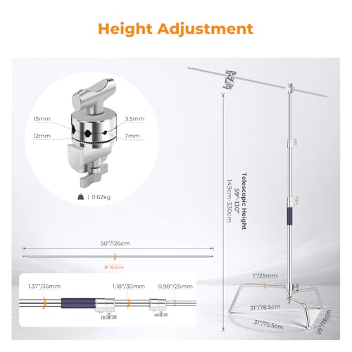 K&F CONCEPT Heavy Duty C Stand 10.8ft/330cm with Holding Arm Sandbag, 2*Grip Head Stainless Steel Photography Light Stand C-Stand Sturdy for Studio Monolight, Softbox, Reflector