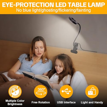 Foneso Desk Lamp Clip on Light, 48 LEDs USB Lamp with 3 Color Modes 10 Brightness Levels, 360° Flexible Gooseneck Eye Protection Bed Night Light for Reading, Makeup, Office, Pack of 2 - size: 2 Pack