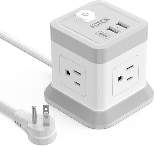 Power Bar with USB, FDTEK Flat Plug Extension Cord with 4 Outlets and 3 USB Ports, 5 FT Power Cord Desktop Charging Station, Overload Protection, Compact Portable for Travel Home Office Cruise Ship - color: Grey and White, size: 5FT