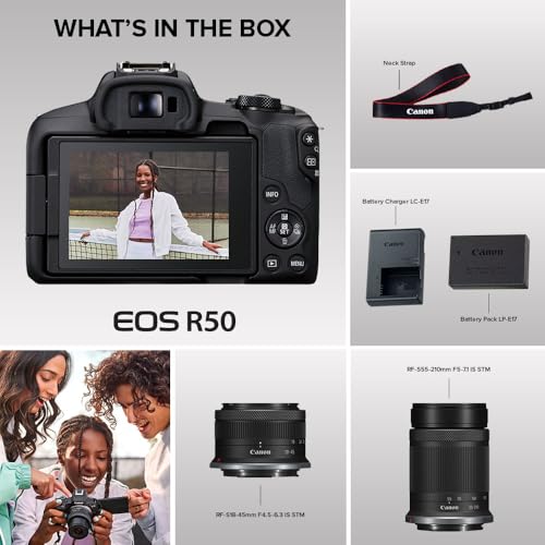 Canon EOS R50 Mirrorless Camera with RF-S18-45mm F4.5-6.3 is STM & RF-S55-210mm F5-7.1 is STM Lenses, 24.2 Megapixel CMOS (APS-C) Sensor, 4K Video, Content Creator Vlogging Camera, RF Mount, Black | Verified Kit Includes Canon Eos R50 Body with Rf-S18-45m