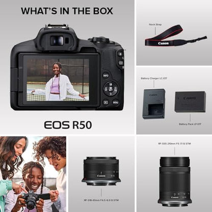 Canon EOS R50 Mirrorless Camera with RF-S18-45mm F4.5-6.3 is STM & RF-S55-210mm F5-7.1 is STM Lenses, 24.2 Megapixel CMOS (APS-C) Sensor, 4K Video, Content Creator Vlogging Camera, RF Mount, Black | Verified Kit Includes Canon Eos R50 Body with Rf-S18-45m