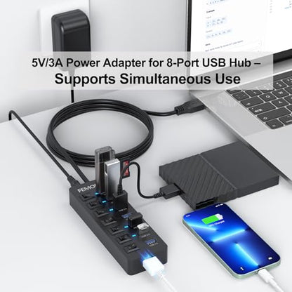 Powered USB Hub 4ft Cord for PC, 7 USB3.0 Data Ports and 1 Smart Charging Port with Power Adapter & Individual Switches for MacBook Pro/Air/Neo Laptop Desktop Computer Mini PC