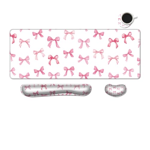 MIBITRI Keyboard Mouse Pad Set, Extended Gaming Mouse Pad+Ergonomics Keyboard Wrist Rest Support, Memory Foam, Easy Typing Pain Relief, 4Pcs XXL Ultra Thick Desk Mat, Pink Bows - color: Pink Bows