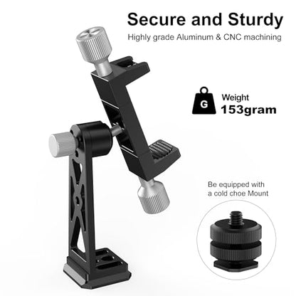 Metal Phone Tripod Mount Extra Deep Clamp with Arca Port Cold Shoe 360°Ball Head Cellphone Tripod Adapter for iPhone Galaxy Smartphone Stand Holder for Vlogging Video Camera Monitor