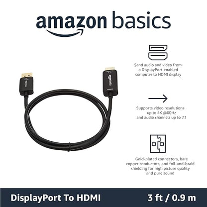 Amazon Basics DisplayPort to HDMI Cable, Uni-Directional, Computer to Screen, Video and Audio, 1080p, 1920x1200, 4K@60Hz, 3 ft, Gold-Plated Plug, Black