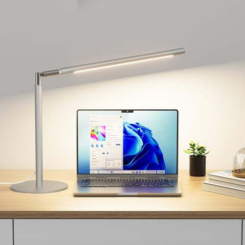SIBRILLE Silver LED Desk Lamp, 16" Dimmable Metal Desk Light with Base, 15W 1200LM, Adapter Included, Color & Brightness Adjustable, Modern Tall Table Lamp for Home Office Reading Study Task Laptop - color: Silver