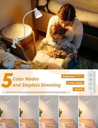 BOHON Clamp Lamp 5 Color Modes 10 Brightness Dimmer Bedside Lamp, White | Reading Light 10W 38 LED Desk Lamp with Auto Off Timer 360° Flexible Gooseneck Clip on Light for Bed Office, Adapter Include - color: White