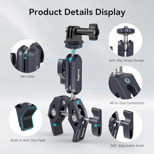 SMALLRIG Camera Mount Clamp, Ballhead Magic Arm and Adapter for Gopro, Camera Monitor Mount with 1/4"-20, 3/8"-16 Threaded Holes, Super Clamp for Gopro/DSLR/Stabilizer