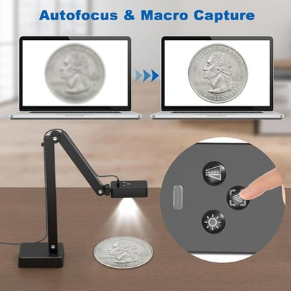 8MP USB Document Camera for Teachers and Classroom, Auto Focus 4K Doc Cam | A3 A4 Document, LED Light and Mic, Image Invert, Foldable Arm for Mac Windows Chromebook, for Live Demo Distance Learning