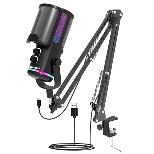 M16 USB Microphone with Boom Arm - PC Mic for Streaming, Podcasting, Vocal Recording Singing YouTube RGB Condenser Kit with Noise Cancellation, Monitor Mix Knob, Mute & Pop Filter Black - color: M16 arm stand