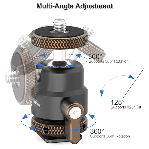 MINIFOCUS Metal Ball Head Camera Mount 360 Rotating with 1/4" Screw and Cold Shoe Adapter, 11lbs/5kg Load for 1/4" Tripod, Monopod, DSLR, Flash, Cell Phone Holder, Action Camera - color: S3017