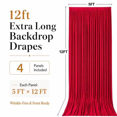 20ft x 12ft Red Backdrop Curtains, Wrinkle Free Thick Fabric Polyester Curtains Backdrop Drapes Cover for Parties Wedding Birthday Photography Background, 4 Panels 5ft x 12ft - color: Red, size: 20FT(W) x 12FT(H)