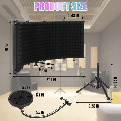 Microphone Isolation Shield, 5-Fold Adjustable Portable Reflection Filter with Tripod Stand & Pop Filter for Home Studio, Podcasting, Streaming, Fits Most Condenser Microphones