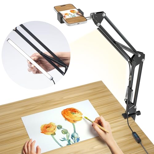 Overhead Phone Mount with USB LED Light, Adjustable Articulating Arm & 360° Rotatable Phone Holder, Flexible Stand for Live Streaming, Video Recording, Drawing, Cooking - size: 7.9-inch LED light