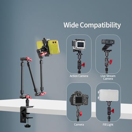 Magic Arm with Clamp, Long Articulating Arm Camera Mount, Adjustable Phone Mount Holder 360° Rotation, Mic Arm for Microphone, LED Lights, for Phone, Tripod, Desk, Table - size: 14"+clamp+phone clip