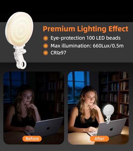 Clip on Ring Light,Webcam Light,360° Rotatable Clip-on LED Light with 100 Beads,Full Screen Bright Lighting for Video Conference,Live Streaming,Selfie,iPhone,Makeup,Portable & Rechargeable