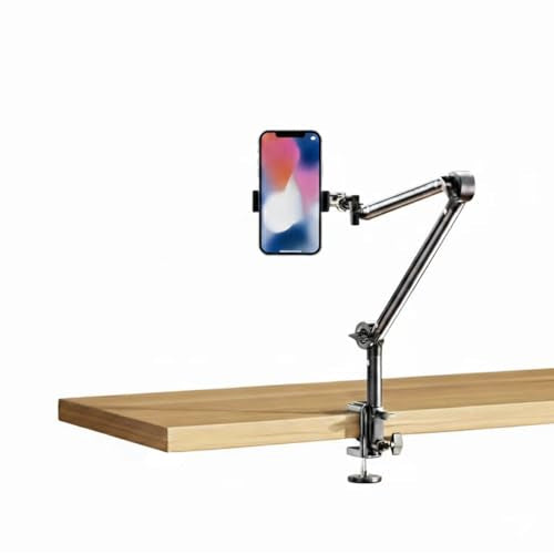 Phone Stand with Heavy-Duty C-Clamp, 3-Section Adjustable Desktop Mount Stand for Phone, 360° Ball Head Flexible Desk Mount