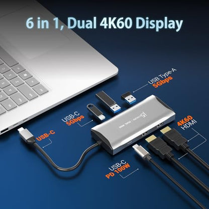 j5create USB-C Hub 4K@60Hz Dual HDMI with 100W PD Fast Charge- Supports MST Dual 4K HDMI Display for Windows Laptop, SuperSpeed 5GB USB-A x 2, USB-C x 1, HDMI (JCD396)