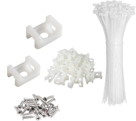 White Cable Zip Tie Mounts Kit-50 Pcs Cable Zip Tie Saddle Type Mounts Base With 50 Pcs 8" Cable Ties And 50 Pcs Tapping Screw, Wire Cable Clips Organizer Holders Clamps - size: B2-50PCS