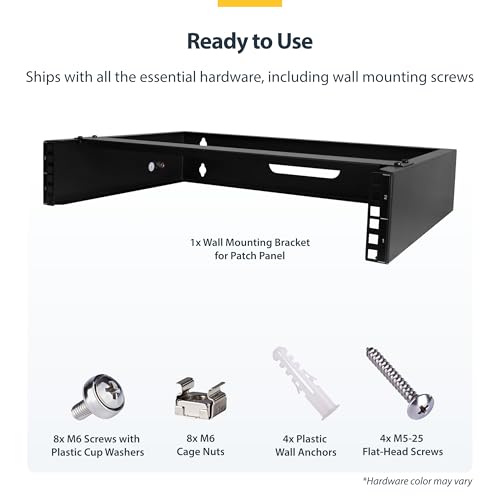 StarTech 2U 19in Wall-Mount Network Rack, 14in, 77lb (RACK-2U-14-BRACKET) | Low-profile shallow rack, M6 screws and cage nuts, Fits gear up to 12in deep, Rear cable slot, Steel - size: 2U