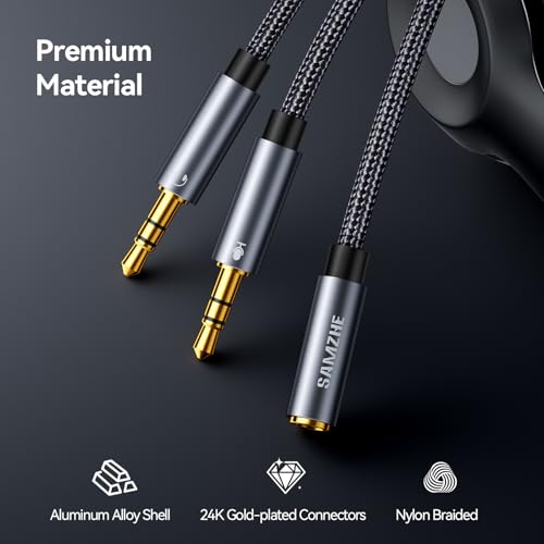 SAMZHE Headphone Splitter for Computer 3.5mm Female to 2 Dual 3.5mm Male Braided Audio Splitter Cable Microphone Stereo Jack Earphones Port Cord Gaming Headset to PC Laptop Adapter Black