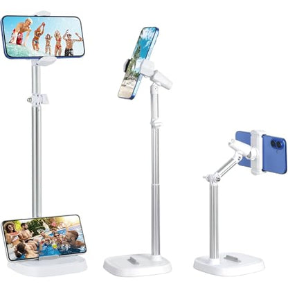 Adjustable Height Phone Stand for Desk, Angle Adjustable Desktop Phone Holder with 360°Rotation Ball-Head,Weighted Base and Aluminum Alloy Support Rod for Phone 4”-7” - color: T10White