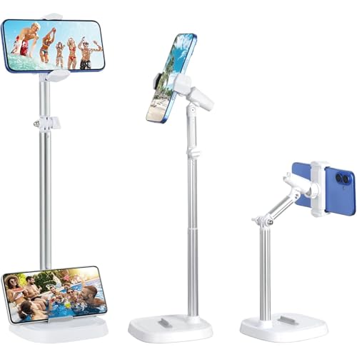 Adjustable Height Phone Stand for Desk, Angle Adjustable Desktop Phone Holder with 360°Rotation Ball-Head,Weighted Base and Aluminum Alloy Support Rod for Phone 4”-7” - color: T10White