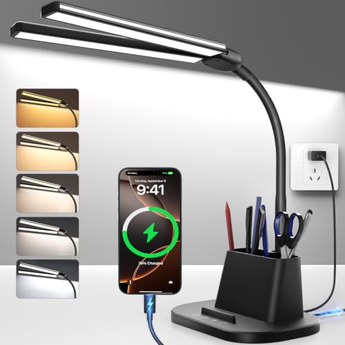 Desk Lamp with USB-C Charging Port and Organizer Base, LED Desk Light with Pen Holder, Phone Stand, 25 Lighting Modes, Flexible Gooseneck Touch Lamp for Home Office, Study Desk, College Dorm Room - color: Dark Black, size: Compact