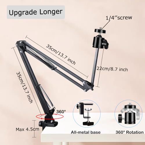 Overhead Tripod Mount for Camera Webcam Ring Light, Long Over Head Articulating Arm with Phone Holder and Ball Head, Desktop Lazy Arm Clamp Phone Stand Accessory for Live Streaming,Video Recording