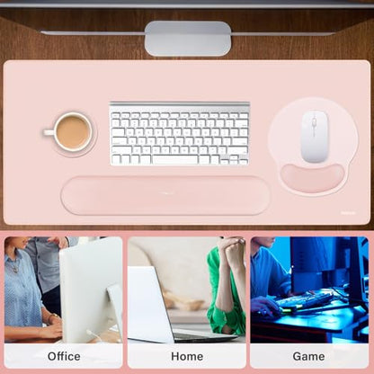 MOSISO Wrist Rest for Keyboard Mouse Pad Set, Large Gaming Deskpad&Circle Curved Mousepad&Keyboard Wrist Rest&Coaster, Ergonomic Non-Slip Mousepad&Easy Typing Pad with Silicone Lining, Baby Pink - color: Baby Pink