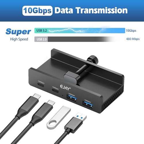 EJAY 4Ports 10Gbps USB-C HUB USB3.2 Clamp USB HUB Splitter,Mountable USB-C Adapter with Data & Power Cable for iMac 2021 and later-10Gbps (Black) - color: Black