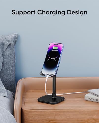 Cell Phone Stand, Adjustable Height Phone Stand for Desk, Eye Level Desktop Phone Holder Compatible with iPhone, Pro Max, Samsung, and All Mobile Phones up to 10'' - color: Black