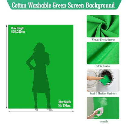 Green Screen Backdrop Kit, 5 x 6.5 ft Portable Green Screen with T-Shaped Stand, Carrying Bag, 5 Clamps, Photography Greenscreen Background Kit for Streaming, Gaming, Zoom - size: 5 x 6.5 ft