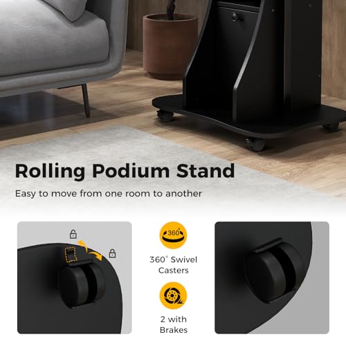 Giantex Mobile Podium Stand, Sit-to-Stand Laptop Cart with Tilting Tabletop & Storage Cabinet, Lockable Casters, Height-Adjustable Rolling Lectern for Classroom, Church, Home Office (Black, 1 Pack) - color: Black