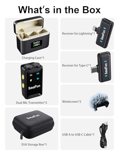 Wireless Microphone for iPhone Android, SmaFun TwinCast S2 Lavalier Microphone, 2 Mics 2 Receivers with Lightning USB-C, Noise Cancelling Clip On Mic, 48H Charging Case, 328FT for Video TikTok YouTube - size: 2TX2RX ChargingCase