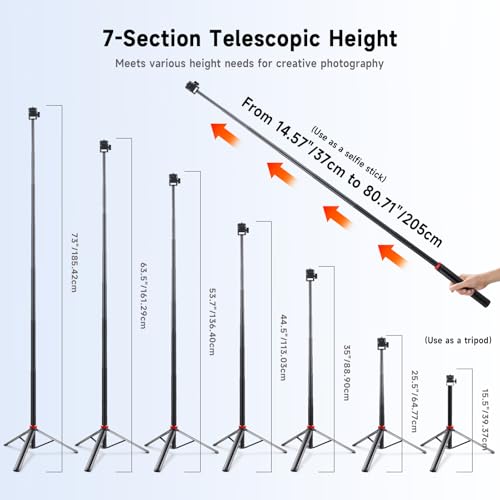 YSKE(MT-79) Light Stand Tripod 81", 7-Section 0.8lbs, Foldable - Camera Phone Mount for DSLR, GoPro, iPhone, LED Video Light, Ring Light, TikTok YouTube Creator