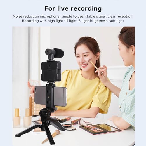 Phone Live Streaming Kit, Wireless Vlogging Kit with Fill Light Microphone and Handheld Tripod, 3 - Level Brightness Smartphone Video Rig for Live Selling Online Teaching