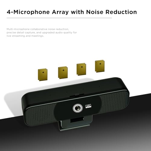 4K Webcam with Microphone and Speaker, Webcam for PC with Cover,4 Array Mics, 2 Speakers, Auto Low Light Correction, USB Camera for Online Conference/Class