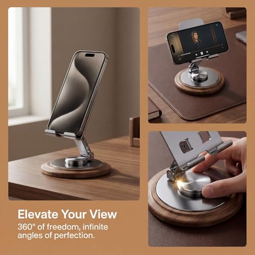 Foldable 360° Rotating Phone Stand for Desk | Cellphone Stand with Anti-Slip Base Portable Phone Holder for iPhone 17 16 15 14 13 Pro Max, All Smart Phones, iPad - color: Wood Grain Black
