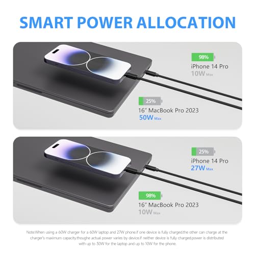 2 in 1 USB C to USB C and Lightning Carplay Cable 100W 4FT 1Pack Two Devices Simultaneous Fast Charging Compatible with MacBook Air/Pro/iPad/iPhone 17/16/15/14/13/12,Galaxy S26/S25/24/Pixel 10 - color: Black, size: 4FT