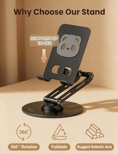 All-Metal Desk Phone Stand, 360° Rotating, 4-8" Phones & Tablets | Carbon steel base, dual-pole adjustment, panda face anti-slip pads, hex key, scratch-proof, heat-dissipating, case-friendly - color: black