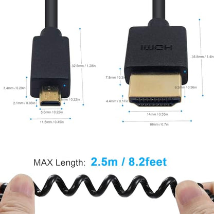 Duttek 4K Micro HDMI to HDMI Coiled Cable 8FT/2.5M, Extreme Slim/Thin Micro HDMI Male to HDMI Male Coiled Cable for 1080P, 4K, 3D, and Audio Return Channel - size: 2.5M/8FT