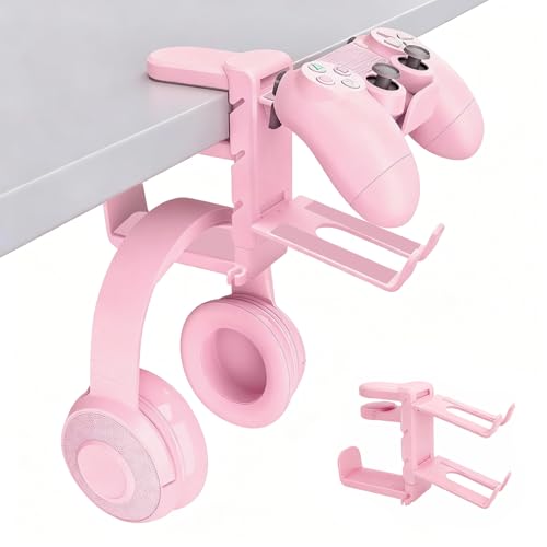 Rotating Headphone Stand with 360° Swivel - Adjustable Clamp-on Under Desk Headset Holder, Universal Gaming & Office Headphone Hanger (Pink) - color: Pink